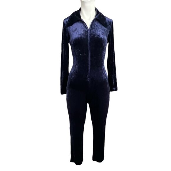 Paula Hian Signature Jumpsuit 2 Navy Blue Crushed Velvet Catsuit - Picture 1 of 4